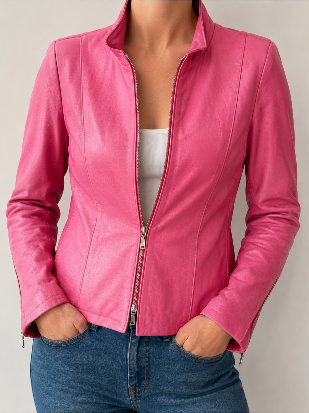 Vintage Danier Italian Leather Made in Canada Hot Pink Moto Jacket Size Large